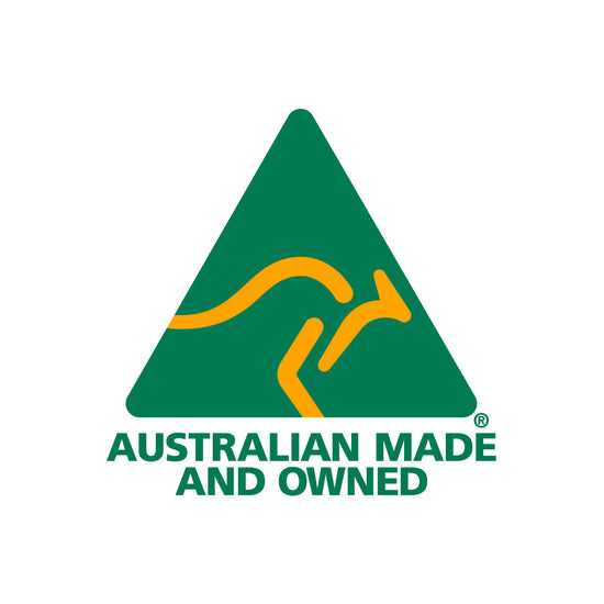Green triangle with yellow kangaroo design and 'Australian Made and Owned' text on a white background