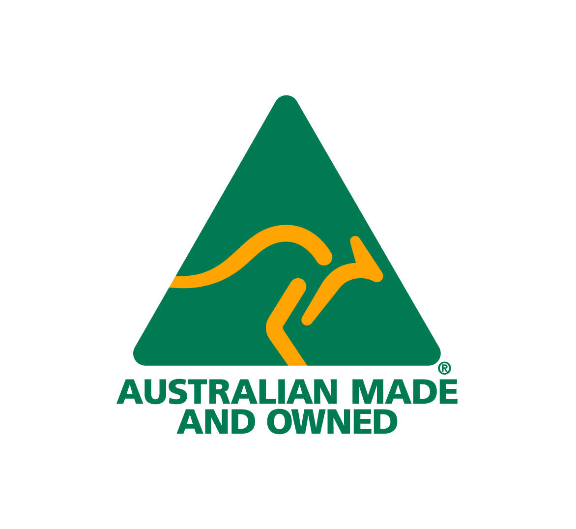 Green triangle with yellow kangaroo design and 'Australian Made and Owned' text on a white background
