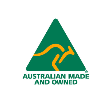 Green triangle with yellow kangaroo design and 'Australian Made and Owned' text on a white background