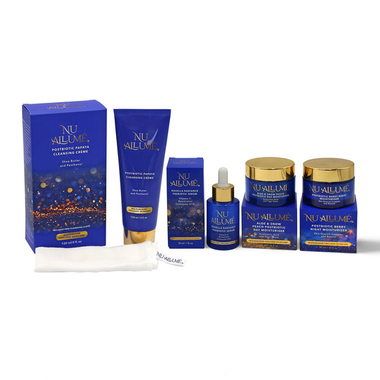 Collection of all Nu Allume skincare products on a white background