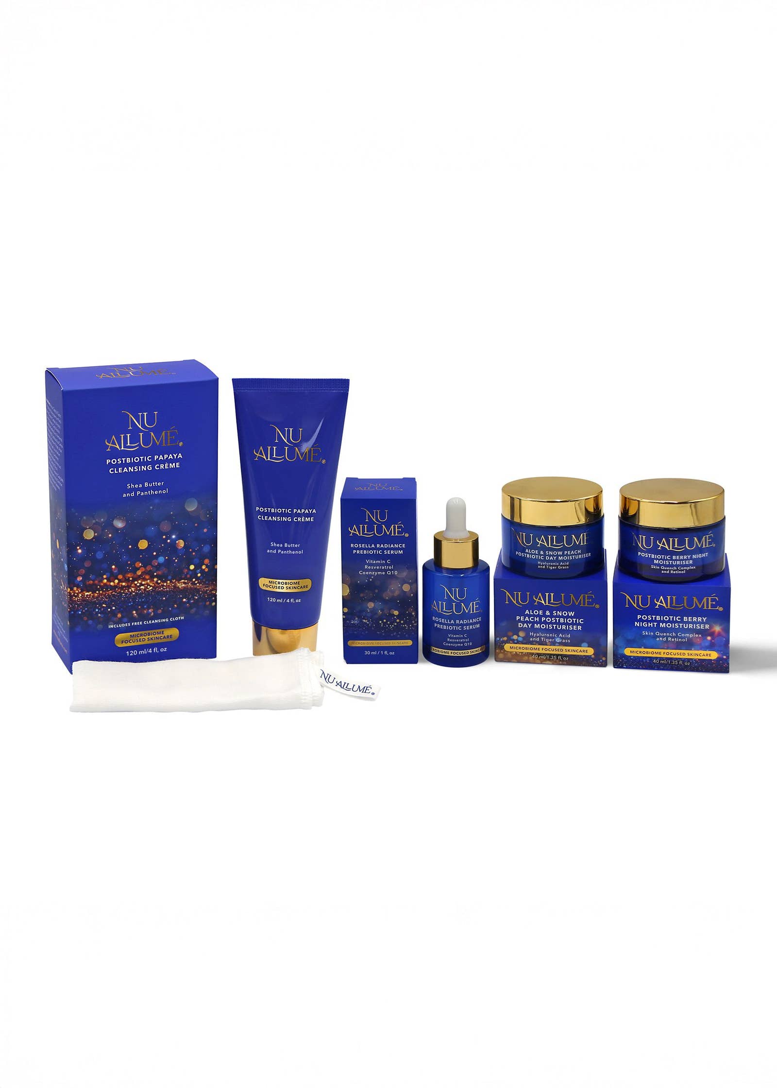 Collection of all Nu Allume skincare products on a white background