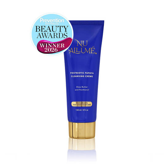 A blue tube of Nu Allume Postbiotic Papaya Cleansing Creme with a gold cap, shown on a white background with a 'Prevention Beauty Awards Winner 2026' badge in the top left.
