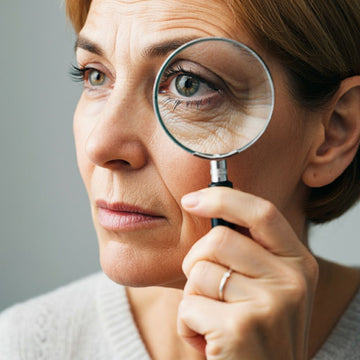 Middle aged woman holding a magnifying glass to her eye, examining something closely.