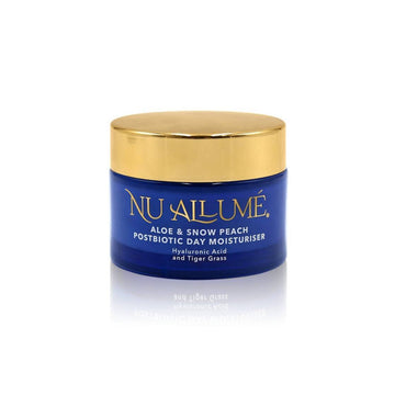 Jar of Nu Allume Aloe and Snow Peach Postbiotic Day Moisturiser on a white background