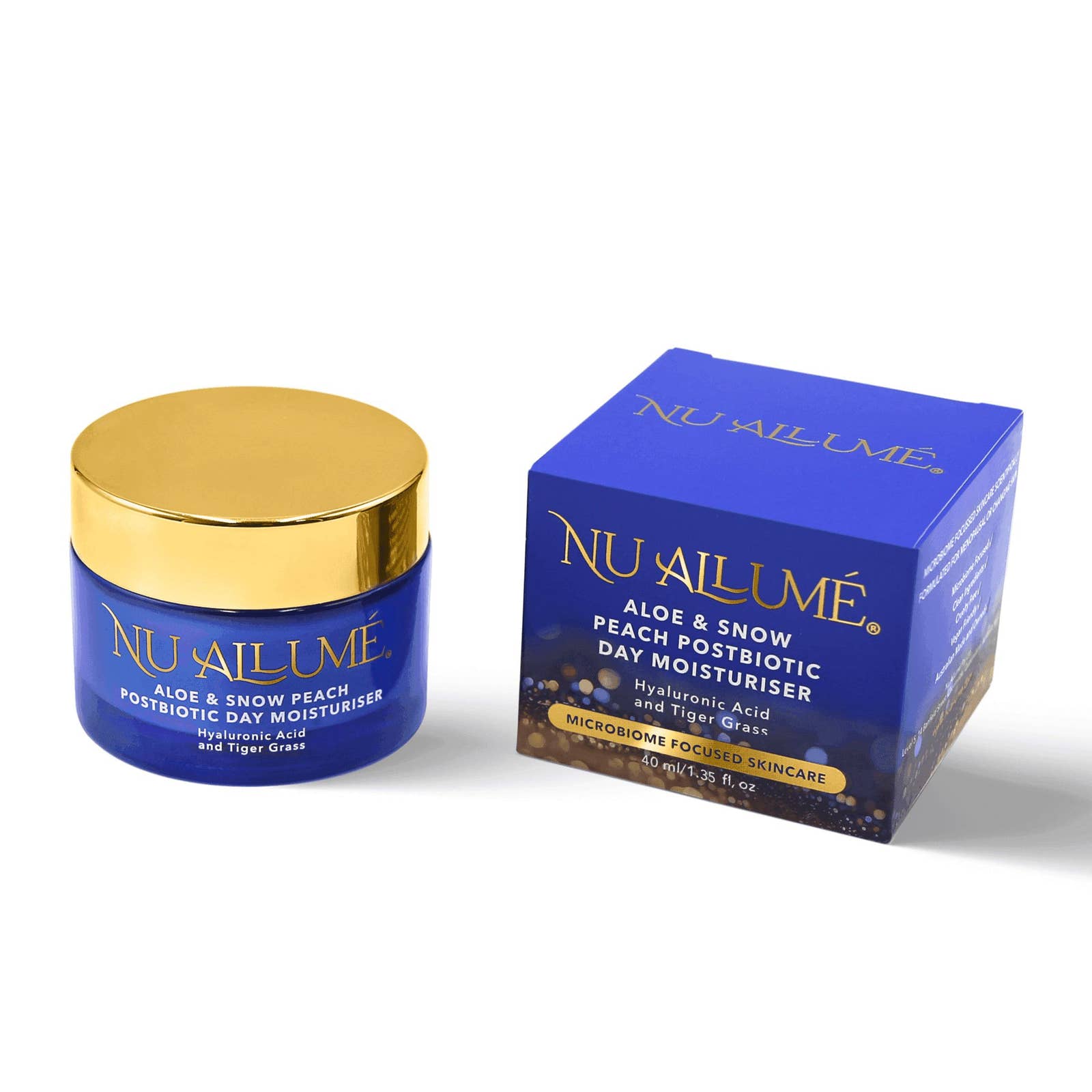 Nu Allume aloe and snow peach postbiotic day moisturizer with packaging on a white background