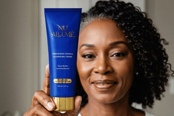 Woman holding a tube of Nu Allume Postbiotic Papaya Cleansing Creme