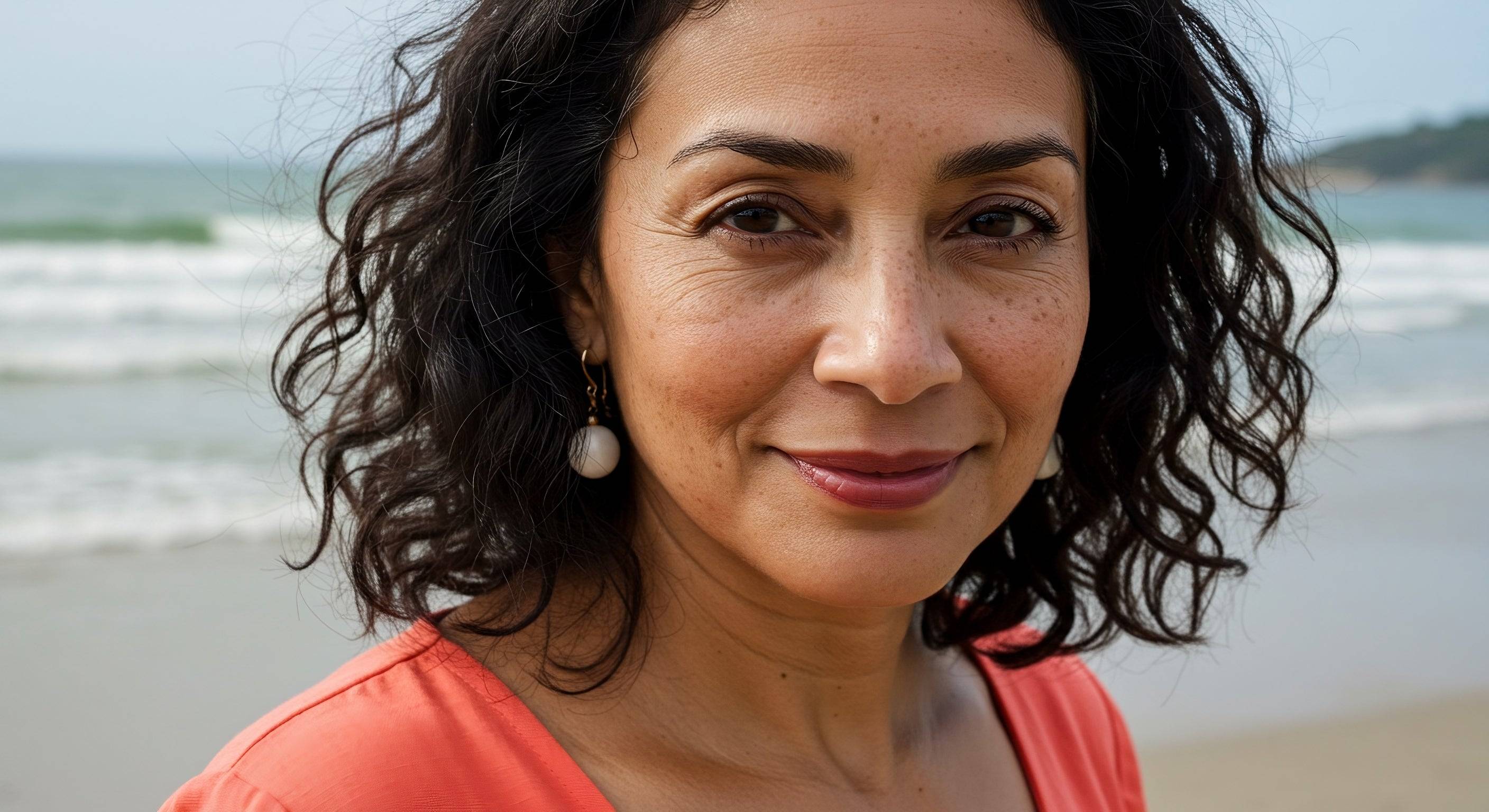 50 year old woman stood on a beach looking into the camera