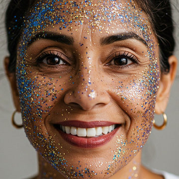 Close up of a middle aged woman's face with gold and blue glitter all over her face representing the microbiome.