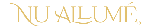 Thin font gold 'Nu Allumé' logo on a clear background