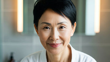 Asian woman with short black hair smiling in a bathroom setting