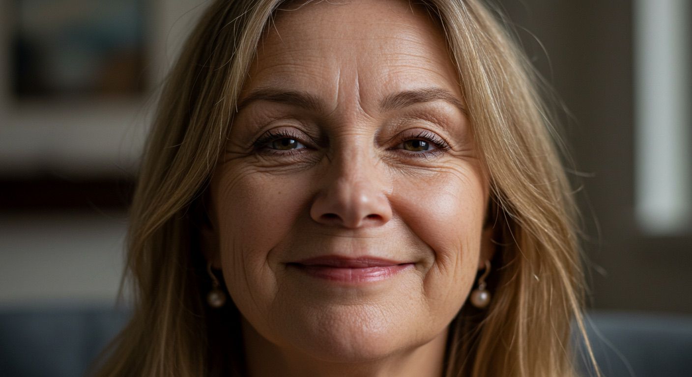 Close-up of a smiling mid fifties woman with blonde hair and earrings, blurred background