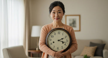Asian woman holding a large wall clock in a living room setting