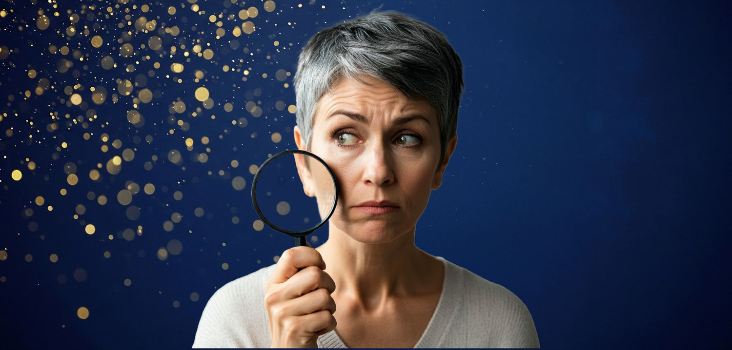 Middle aged woman holding a magnifying glass against her cheek with a blue background and a shimmer of gold dots representing the microbiome.