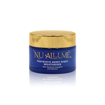 Jar of Nu Allume postbiotic berry night moisturiser with gold lid on a white background