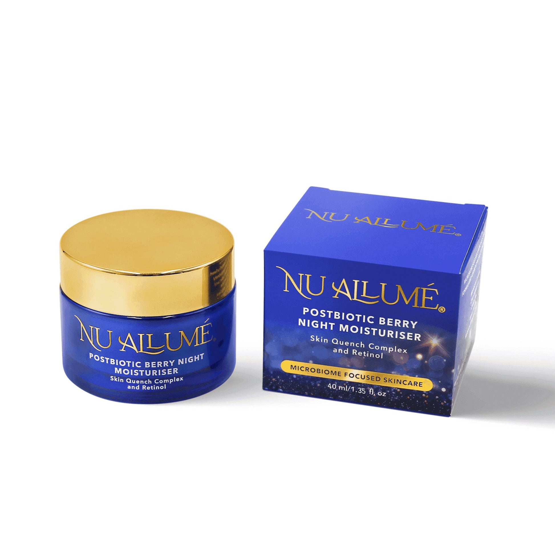 Nu Allume Postbiotic Berry Night Moisturiser with blue jar and packaging on a white background