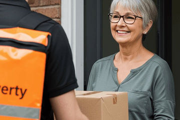 Woman receiving a package from a delivery person wearing an orange vest.