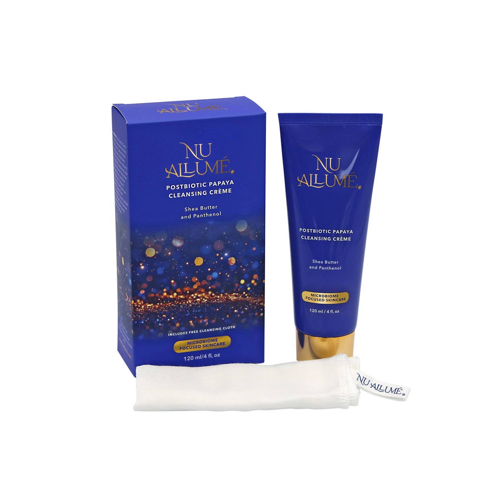 Nu Allume Postbiotic Papaya Cleansing Crème packaging with tube and cloth on a white background