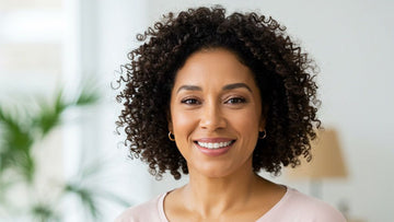 Mixed race middle aged woman with curly hair smiling in a blurred indoor setting