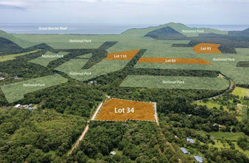 Aerial view of a landscape with labeled lots and national parks in the background.