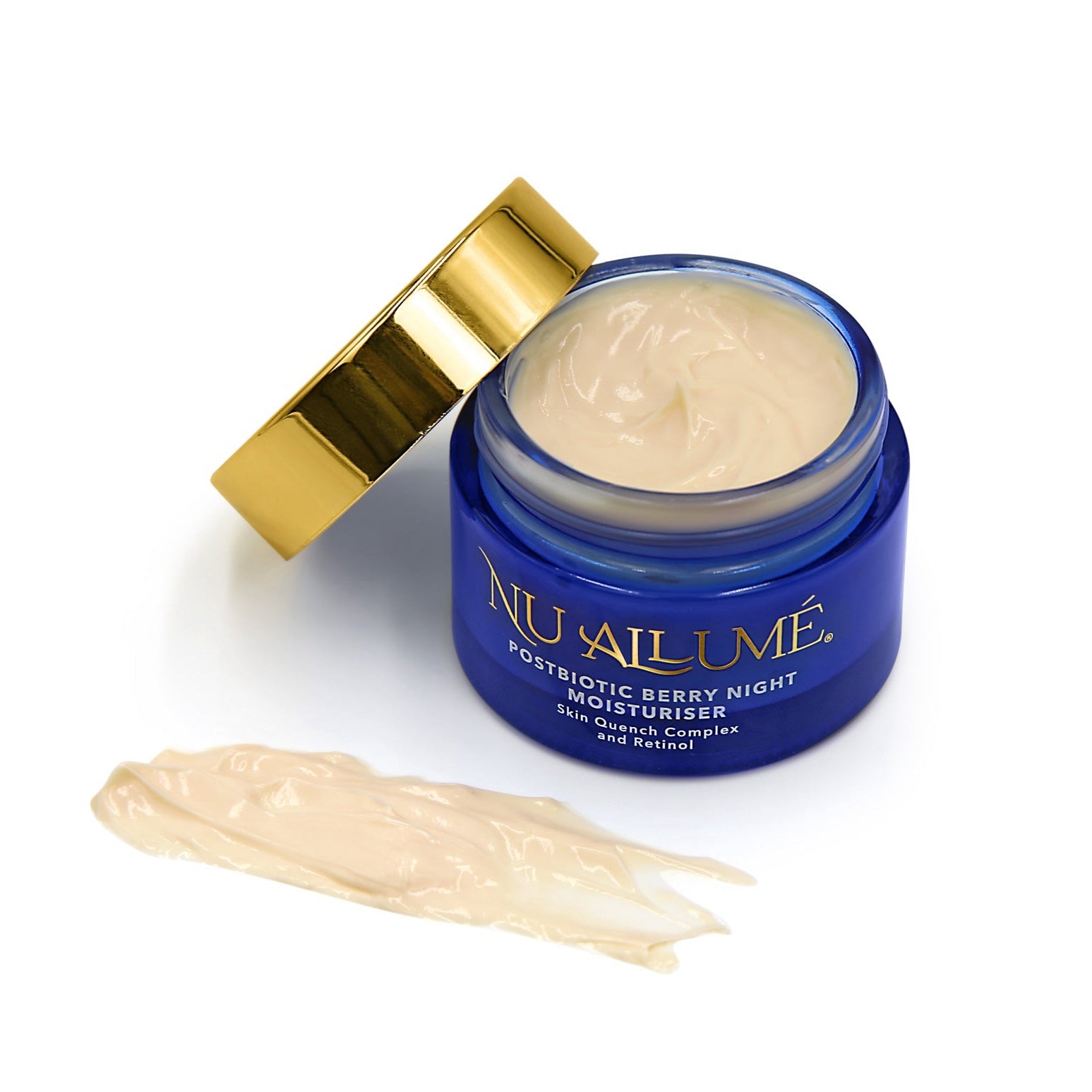 Open jar of Nu Allume Postbiotic Berry Night Moisturiser with the gold lid and a smear of the moisturiser beside it to demonstrate texture.