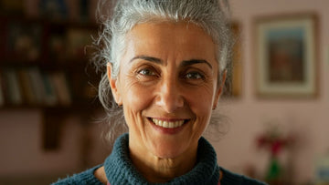 Woman with gray hair smiling in a home setting