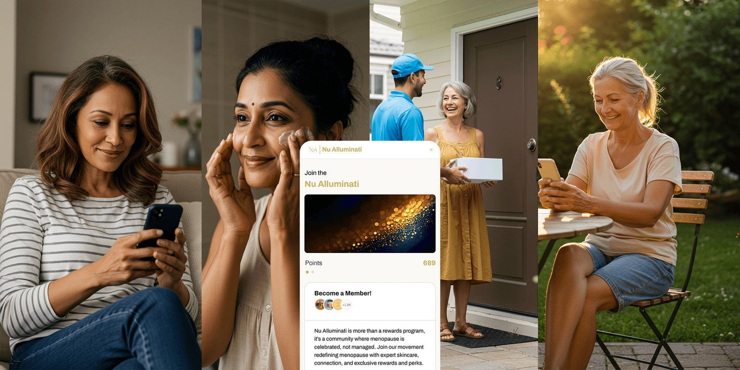 Collage of women using smartphones with a central focus on a smartphone screen displaying the Nu Alluminati app.