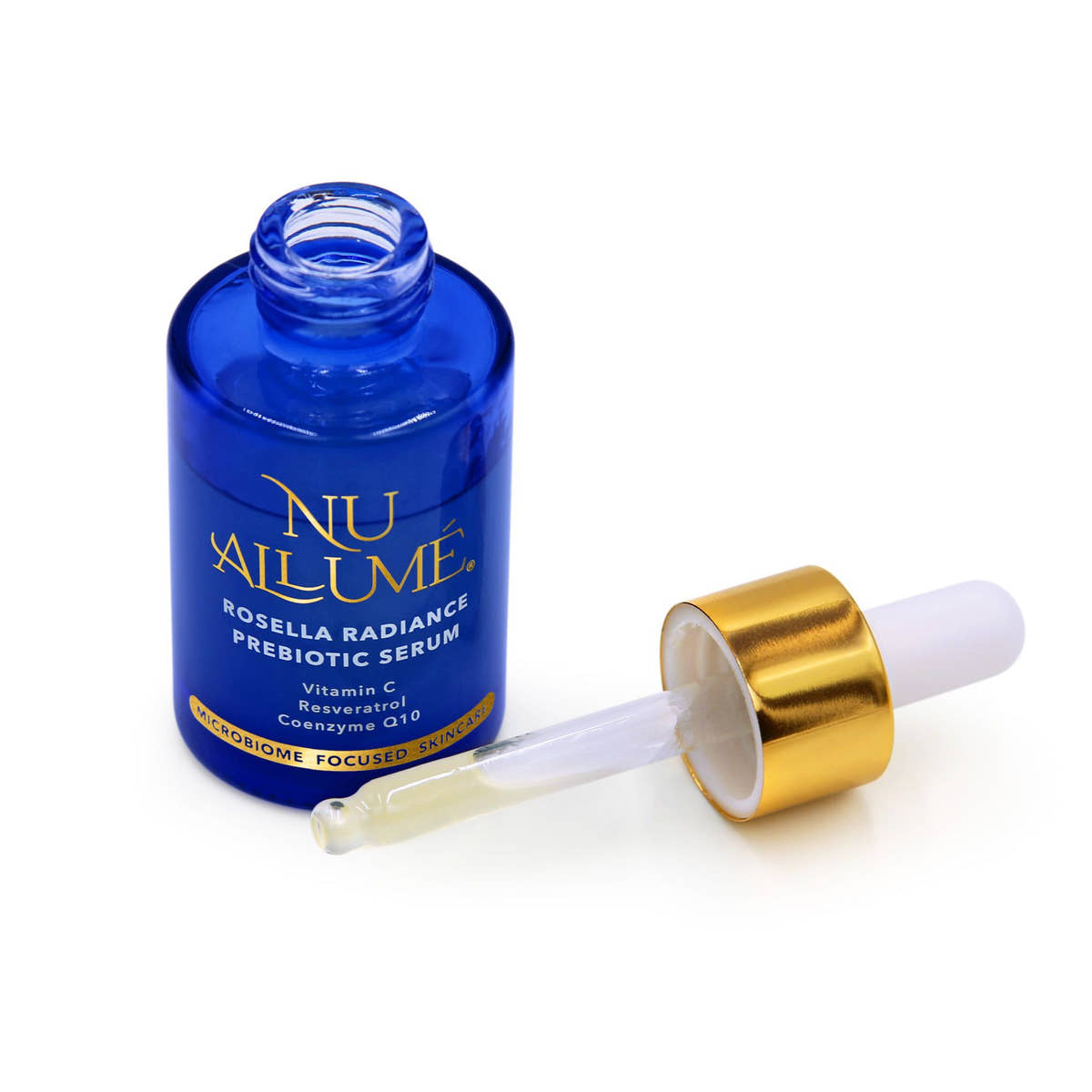 Open bottle of Nu Allume Rosella Radiance Prebiotic Serum with dropper on a white background