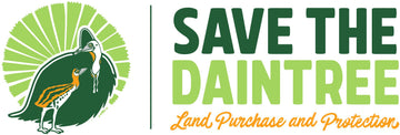 Logo for 'Save the Daintree' with a green and orange bird illustration on a white background.