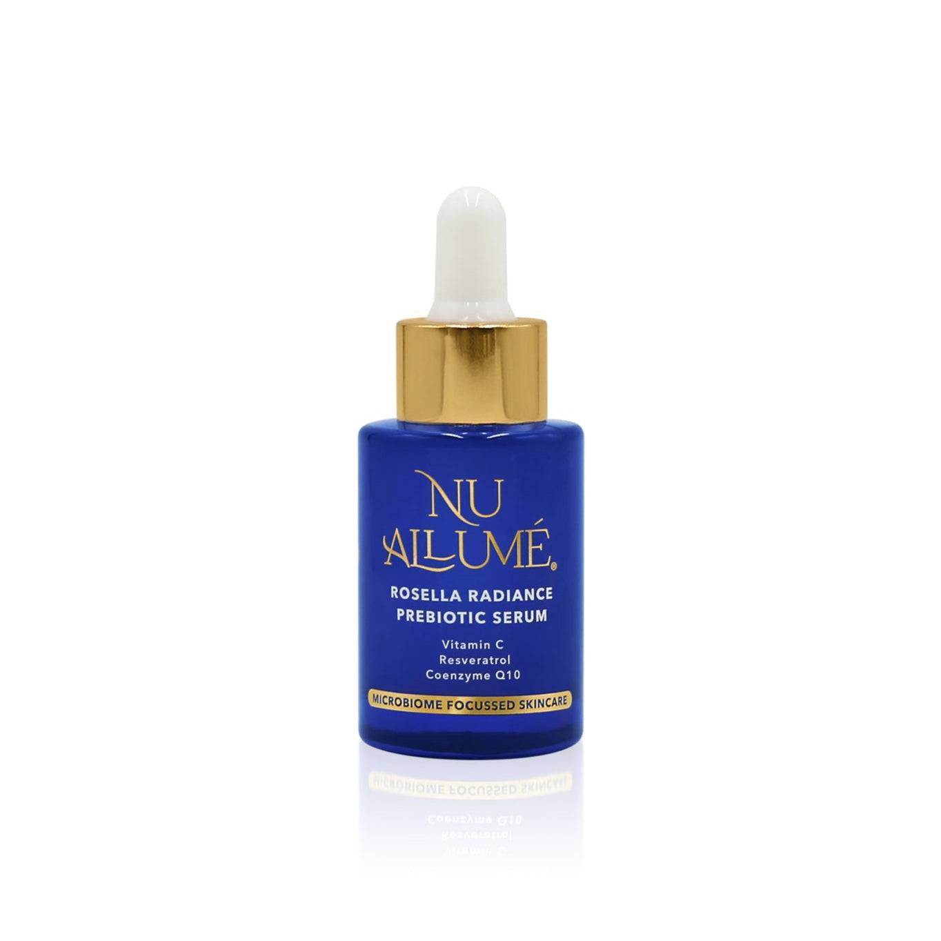 Bottle of Nu Allume Rosella Radiance Prebiotic Serum on a white background