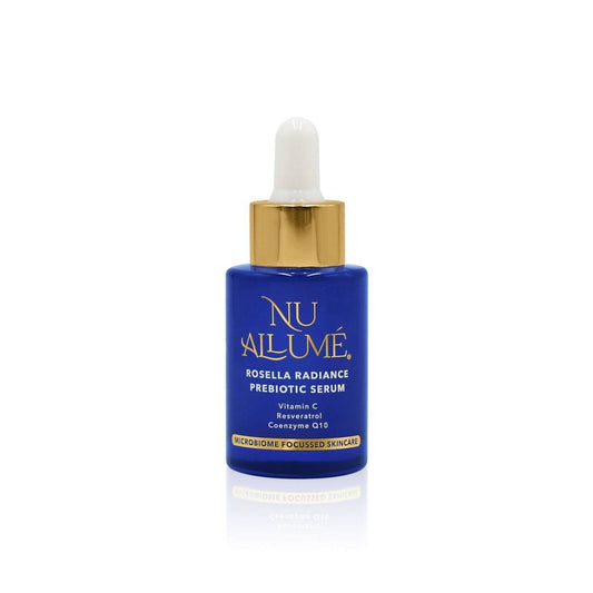 Bottle of Nu Allume Rosella Radiance Prebiotic Serum on a white background