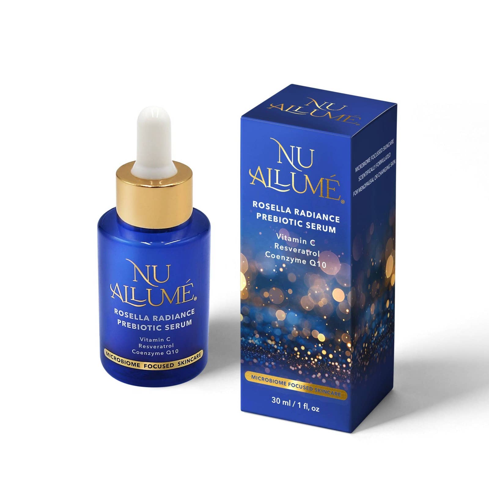 Nu Allume Rosella Radiance Prebiotic Serum bottle and packaging on a white background