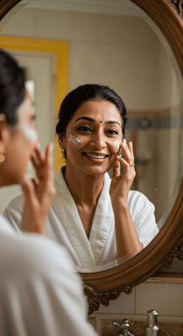 Indian woman applying moisturiser to her face in front of a mirror