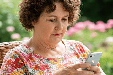 Woman using a smartphone outdoors with blurred flowers in the background
