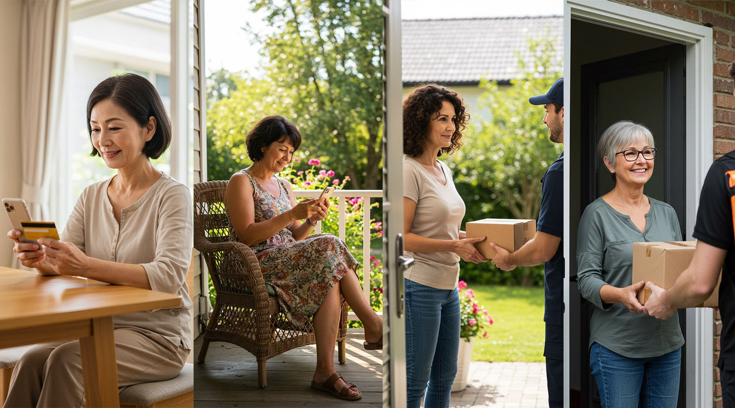 Collage of women ordering on their phone and receiving a package.
