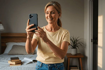 Woman taking a selfie in a bedroom using her phone.