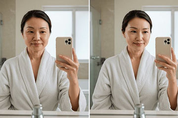 Asian woman in a white robe holding a phone in front of a mirror, showing a before and after effect.