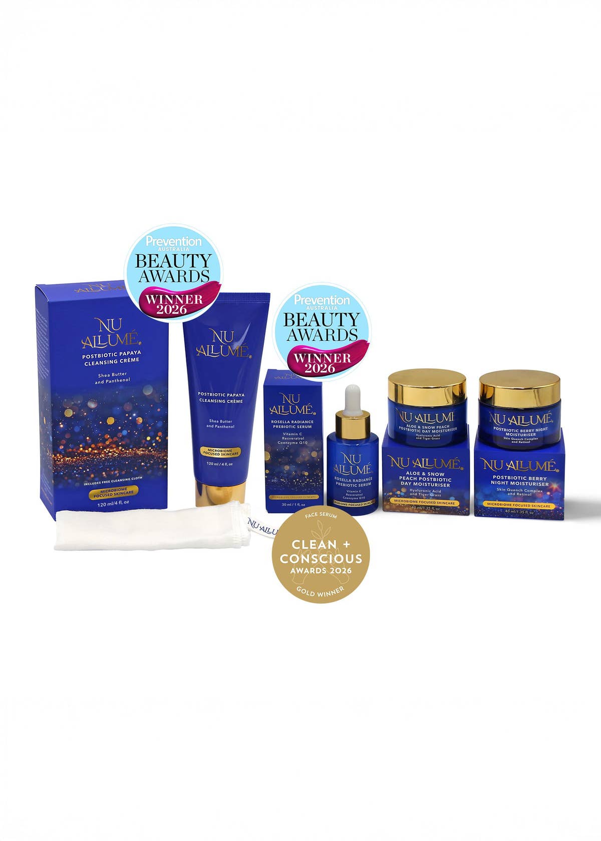Nu Allumé Full Routine Bundle set featuring the cleanser, serum, day and night moisturisers. Also featuring the Prevention Beauty Awards Winner 2026 for the serum and cleanser and another award being the Clean and Conscious Awards 2026 Gold Winner for the serum.